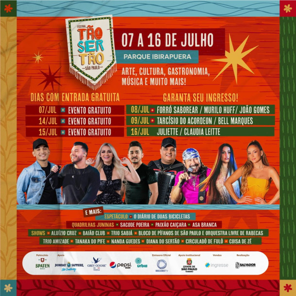 Juliette, Claudia Leitte, Murilo Huff, João Gomes, Bell Marques e Tarcísio do Acordeon são as principais atrações do Festival Tão Ser Tão no Parque Ibirapuera