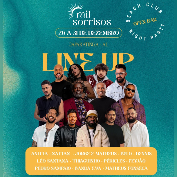 Sucesso no Nordeste, Réveillon Mil Sorrisos 2025 anuncia line-up com grandes artistas de renome nacional no palco das festas do Beach Club e Night Club